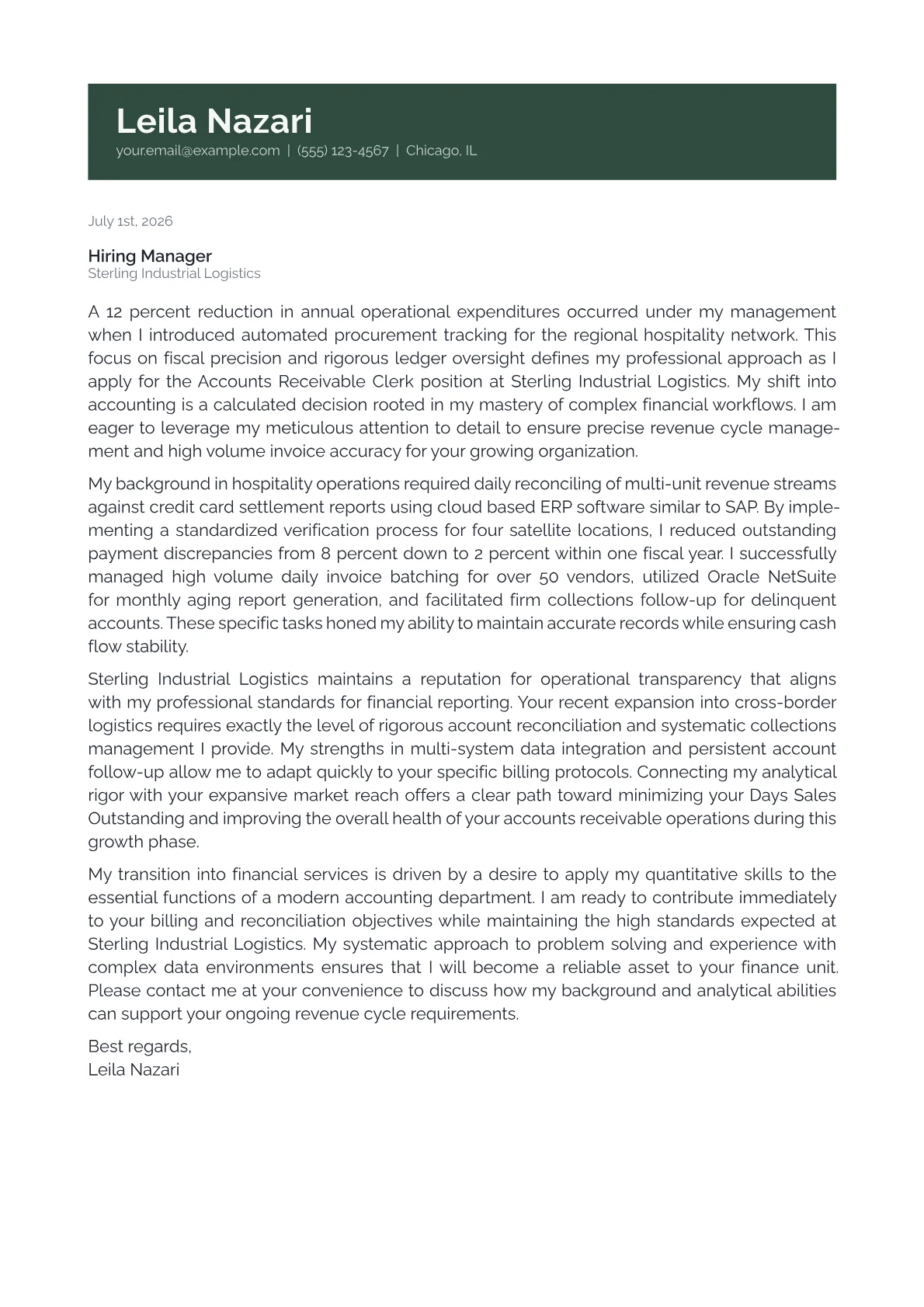 Accounts Receivable Clerk cover letter in the Banner design