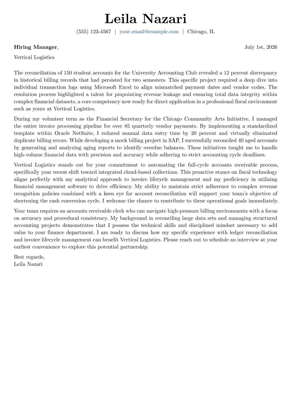 Accounts Receivable Clerk cover letter in the Basic design