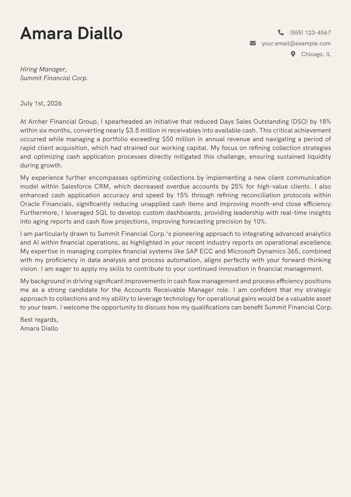 Accounts Receivable Manager cover letter formatted with a JobSprout template