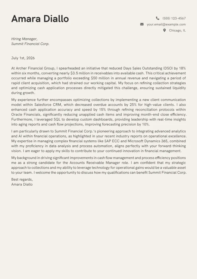 Accounts Receivable Manager Cover Letter Example