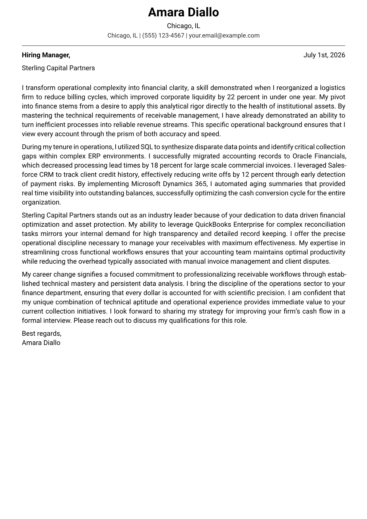 Accounts Receivable Manager cover letter in the Modern design
