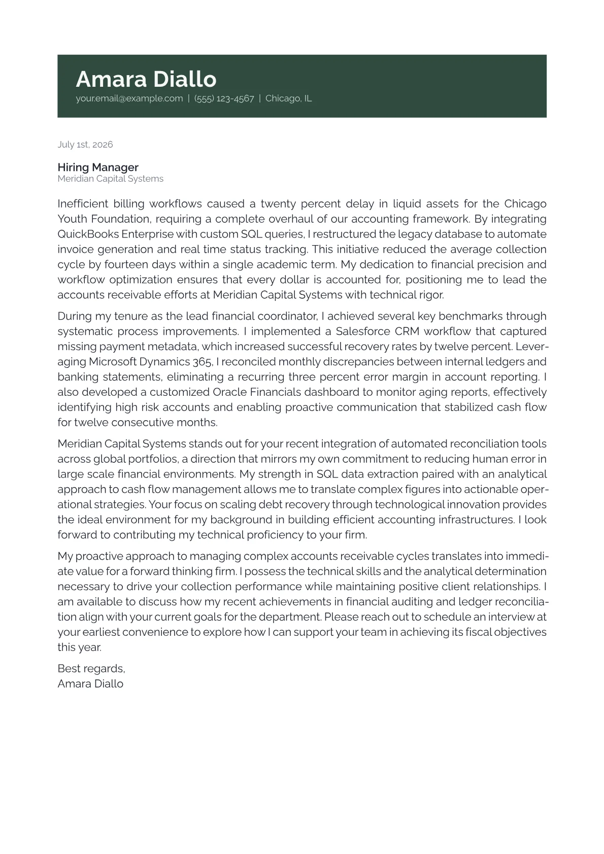 Accounts Receivable Manager cover letter in the Banner design