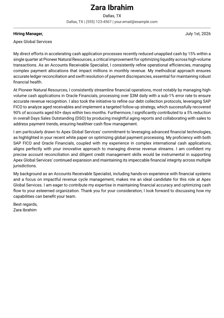 Accounts Receivable Specialist Cover Letter Example