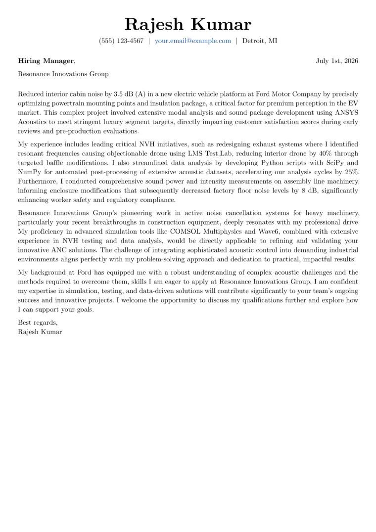 Acoustical Engineer cover letter example preview