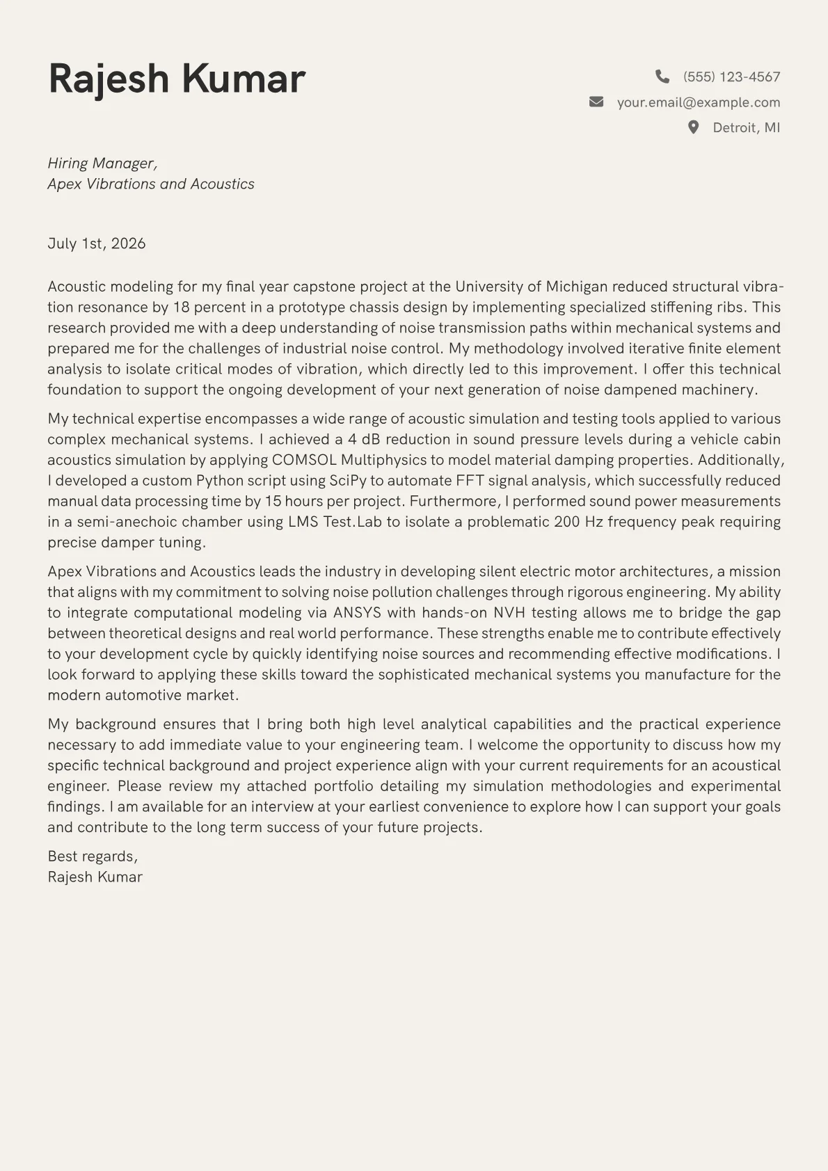 Acoustical Engineer cover letter in the Creative design