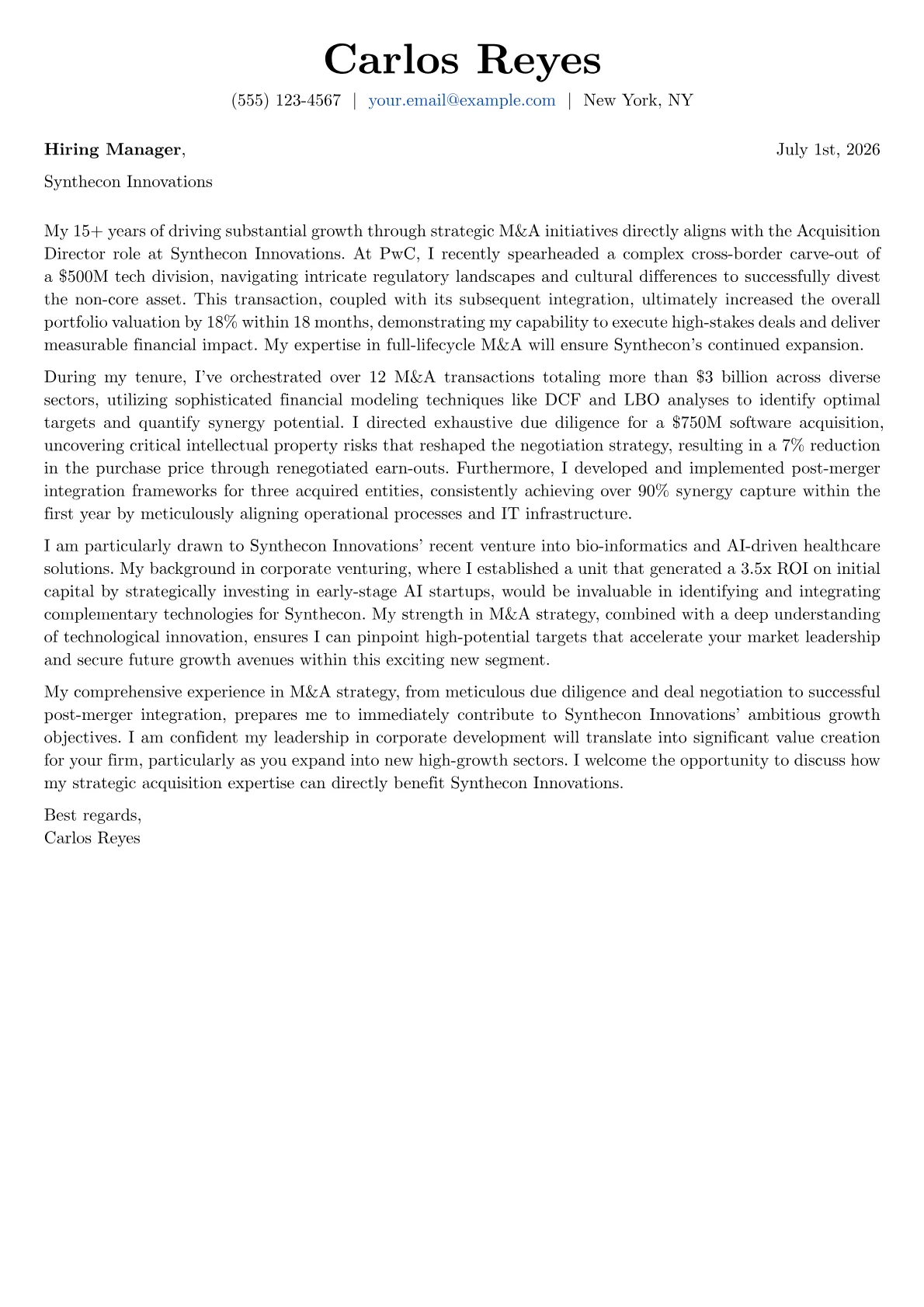 Acquisition Director cover letter formatted with a JobSprout template