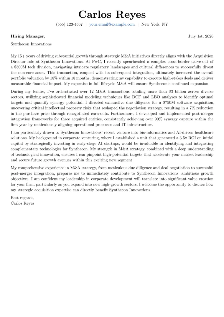Acquisition Director cover letter example preview