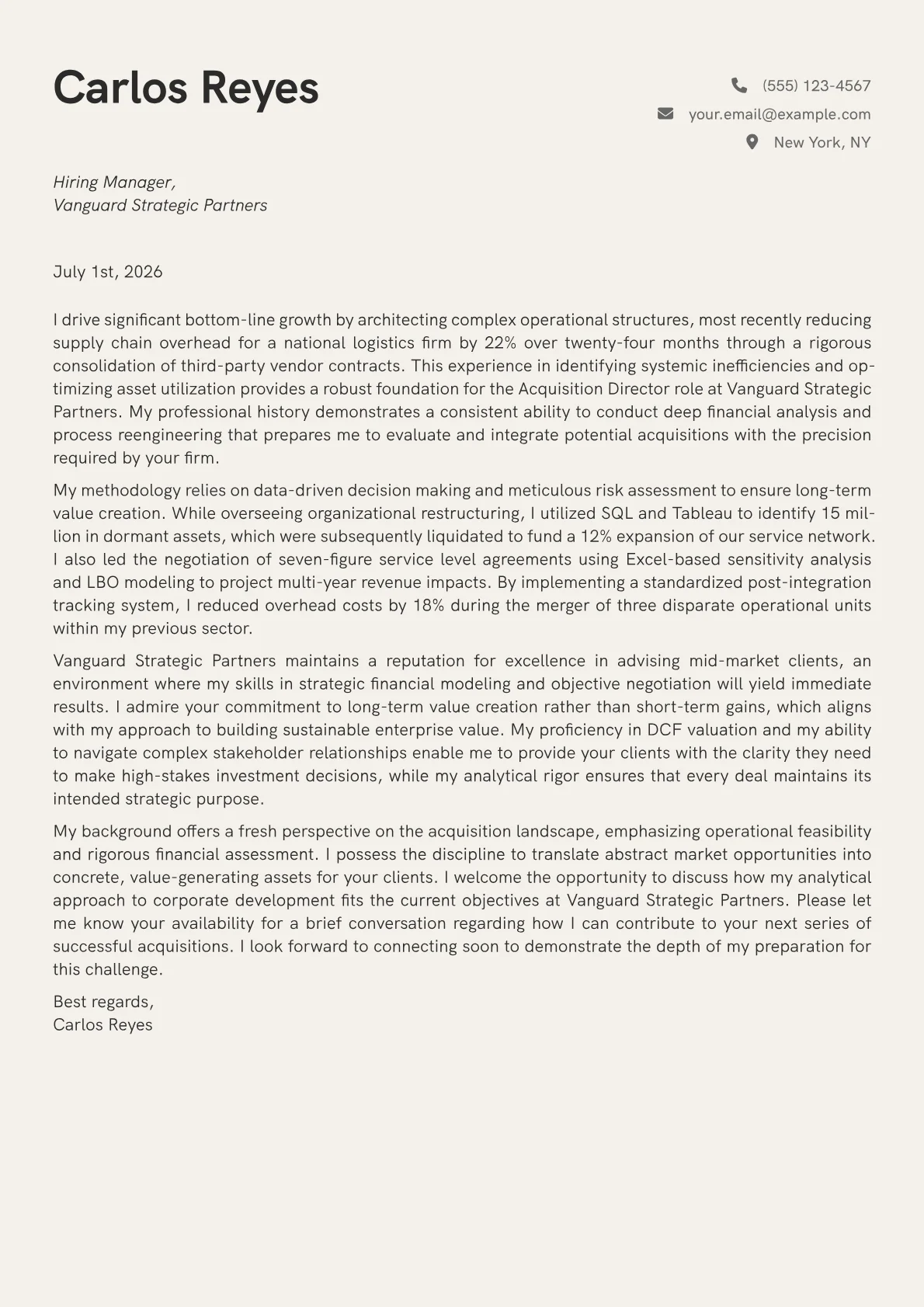 Acquisition Director cover letter in the Creative design