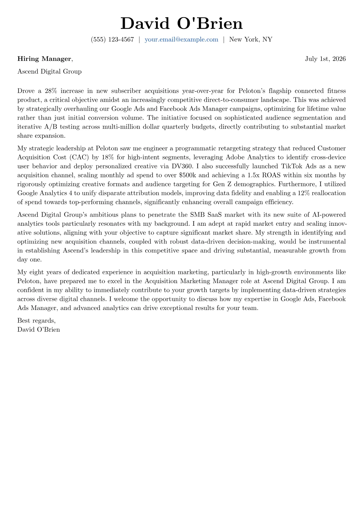 Acquisition Marketing Manager cover letter formatted with a JobSprout template