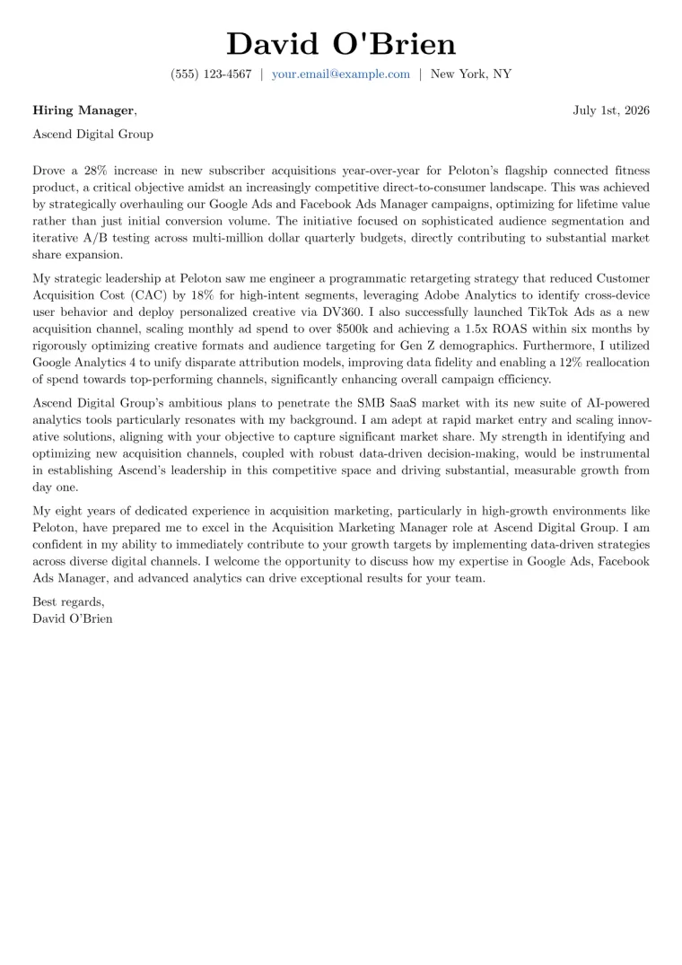 Acquisition Marketing Manager cover letter example preview