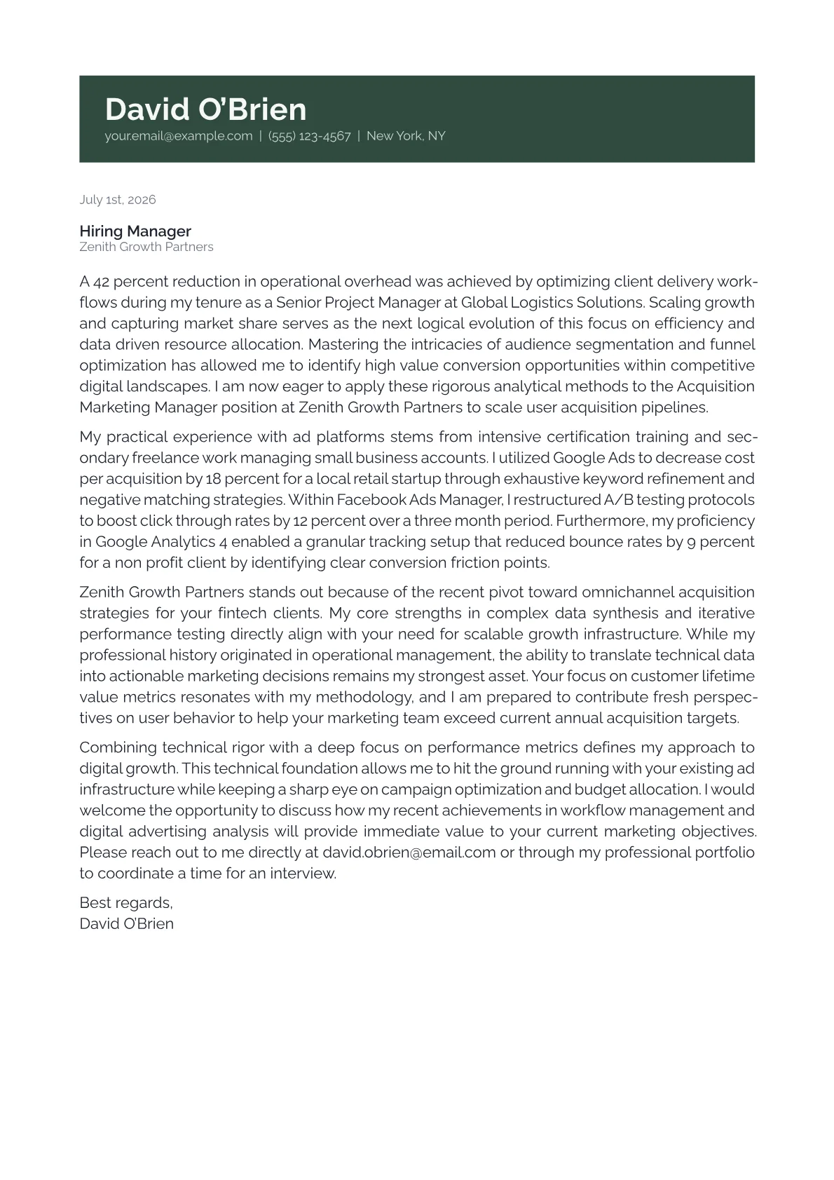 Acquisition Marketing Manager cover letter in the Banner design