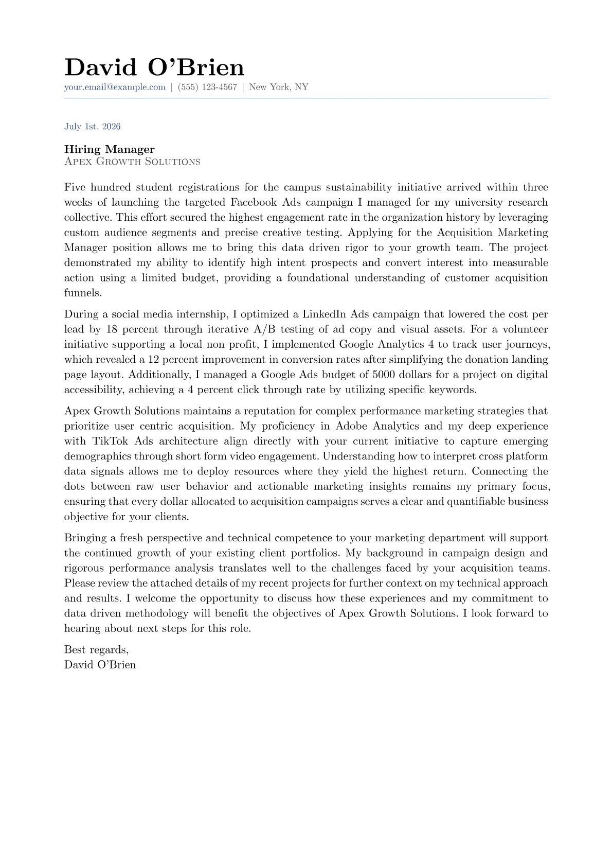 Acquisition Marketing Manager cover letter in the Classic design