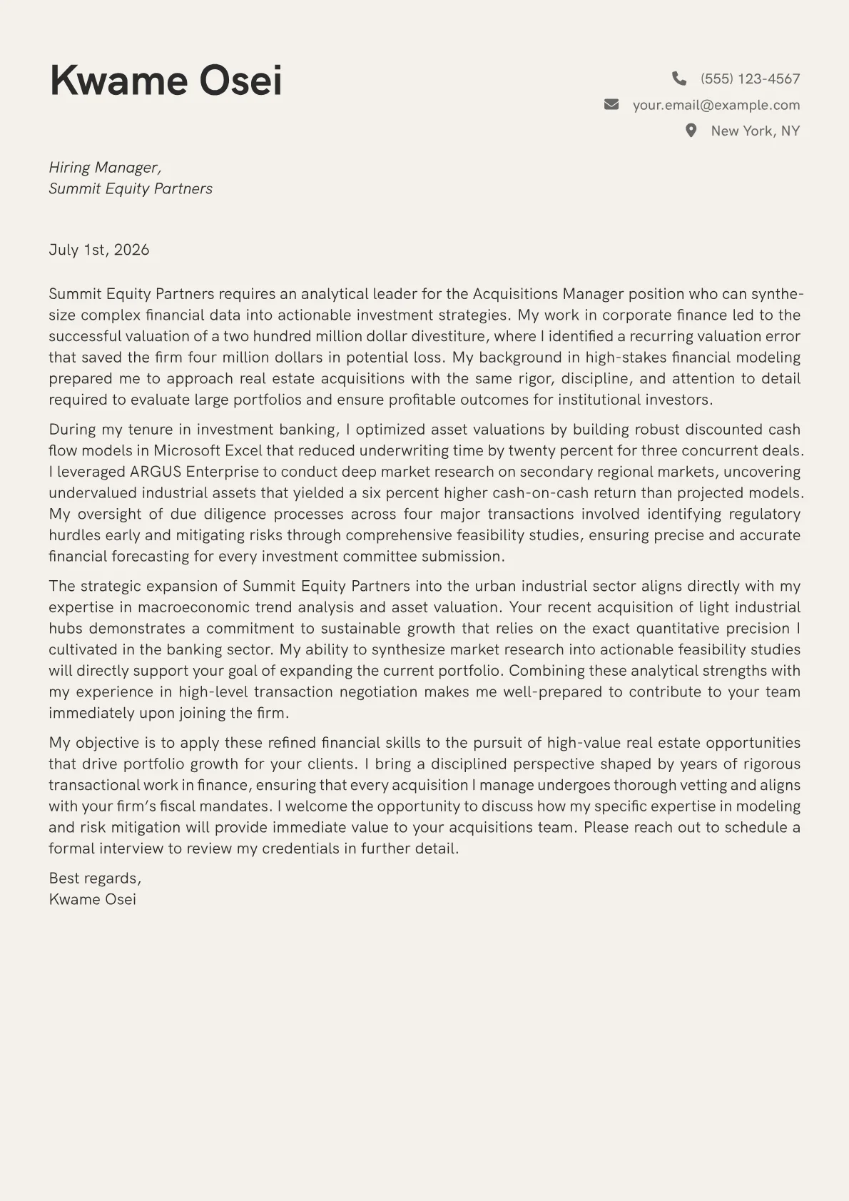 Acquisitions Manager Real Estate cover letter in the Creative design