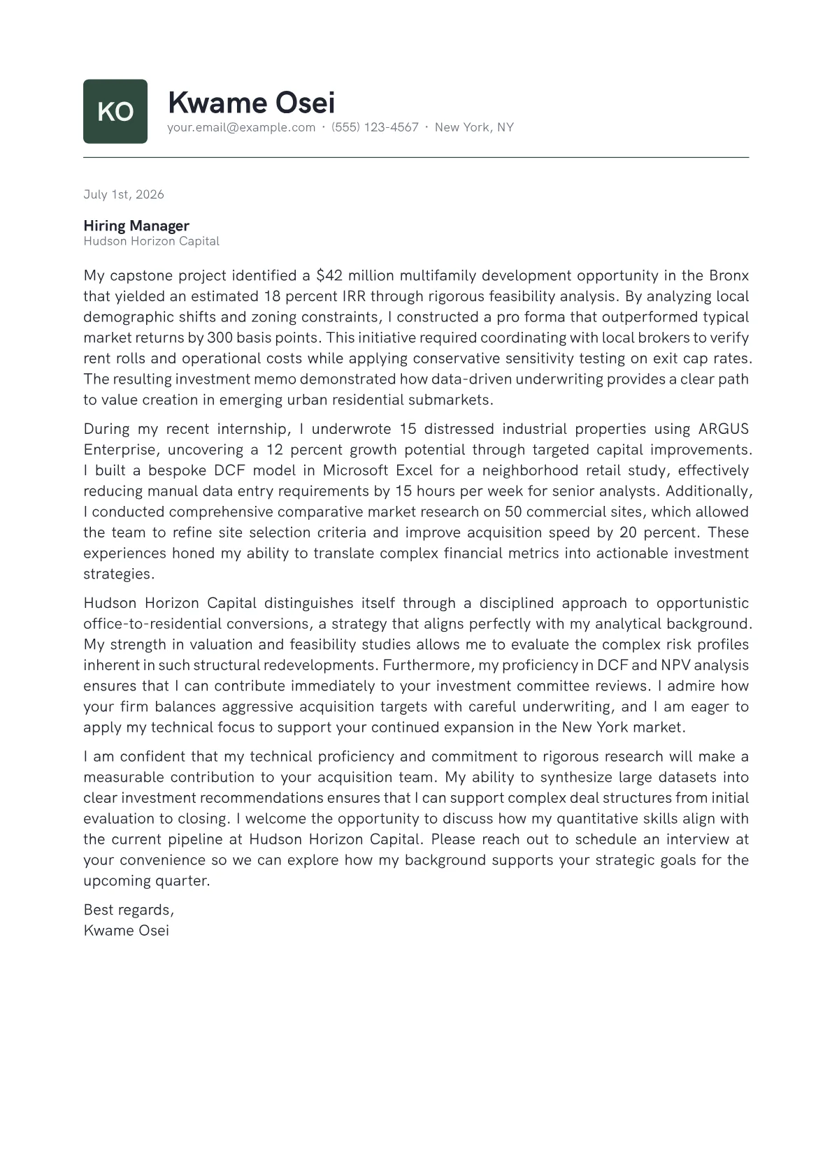 Acquisitions Manager Real Estate cover letter in the Emblem design