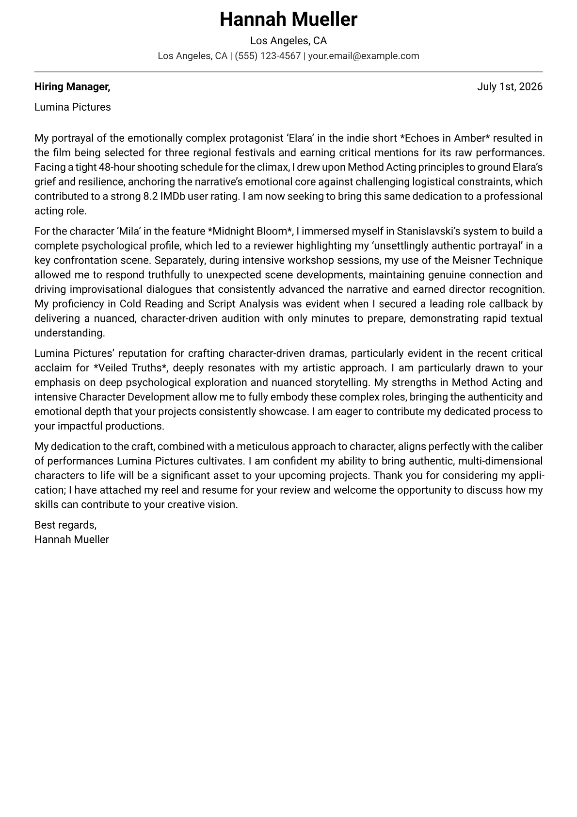 Actor cover letter formatted with a JobSprout template