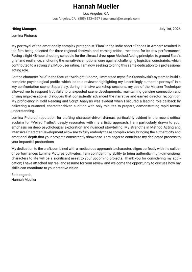 Actor Cover Letter Example