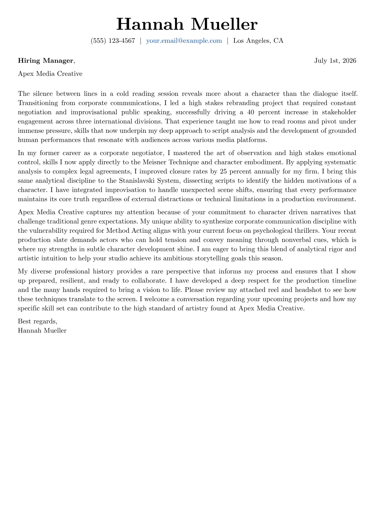 Actor cover letter in the Basic design