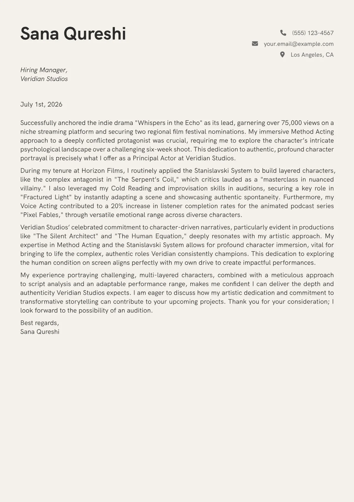 Actress cover letter formatted with a JobSprout template