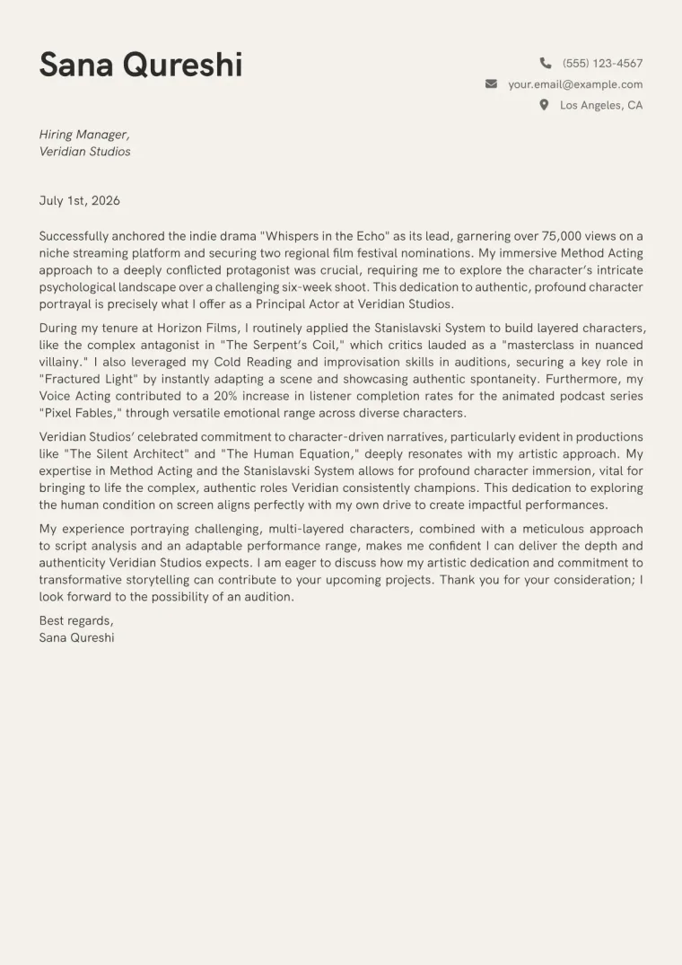 Actress Cover Letter Example