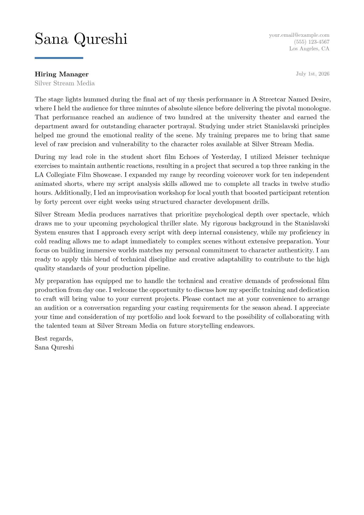 Actress cover letter in the Executive design