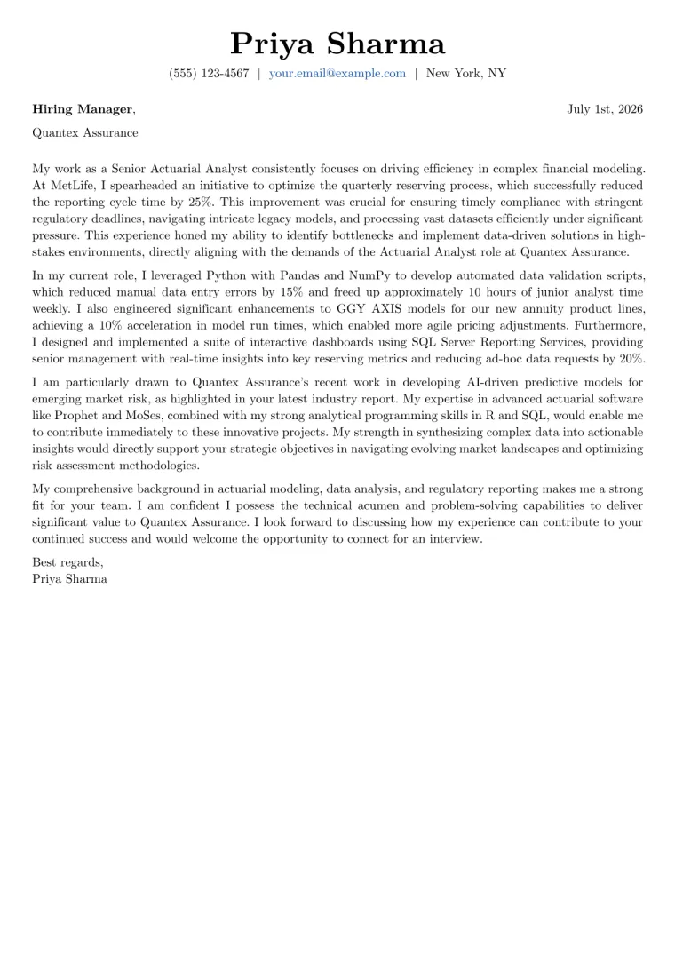Actuarial Analyst cover letter example preview