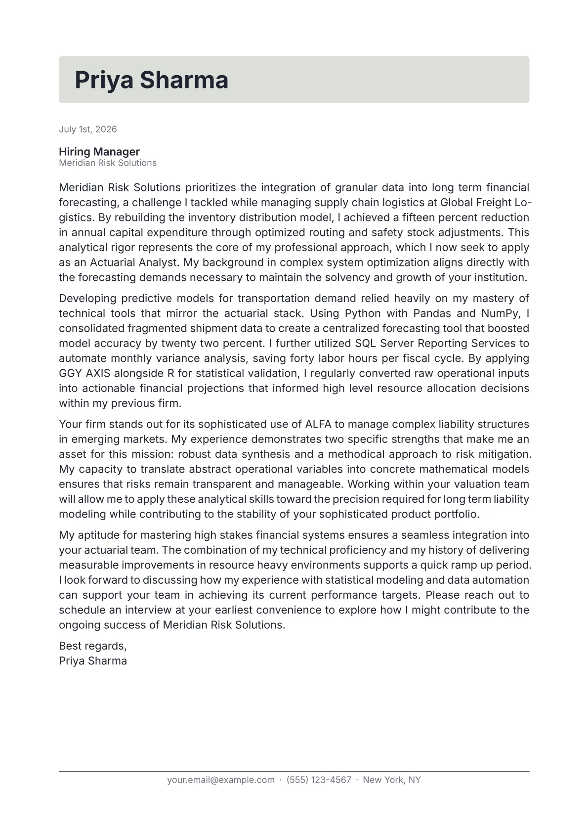 Actuarial Analyst cover letter in the Letterhead design