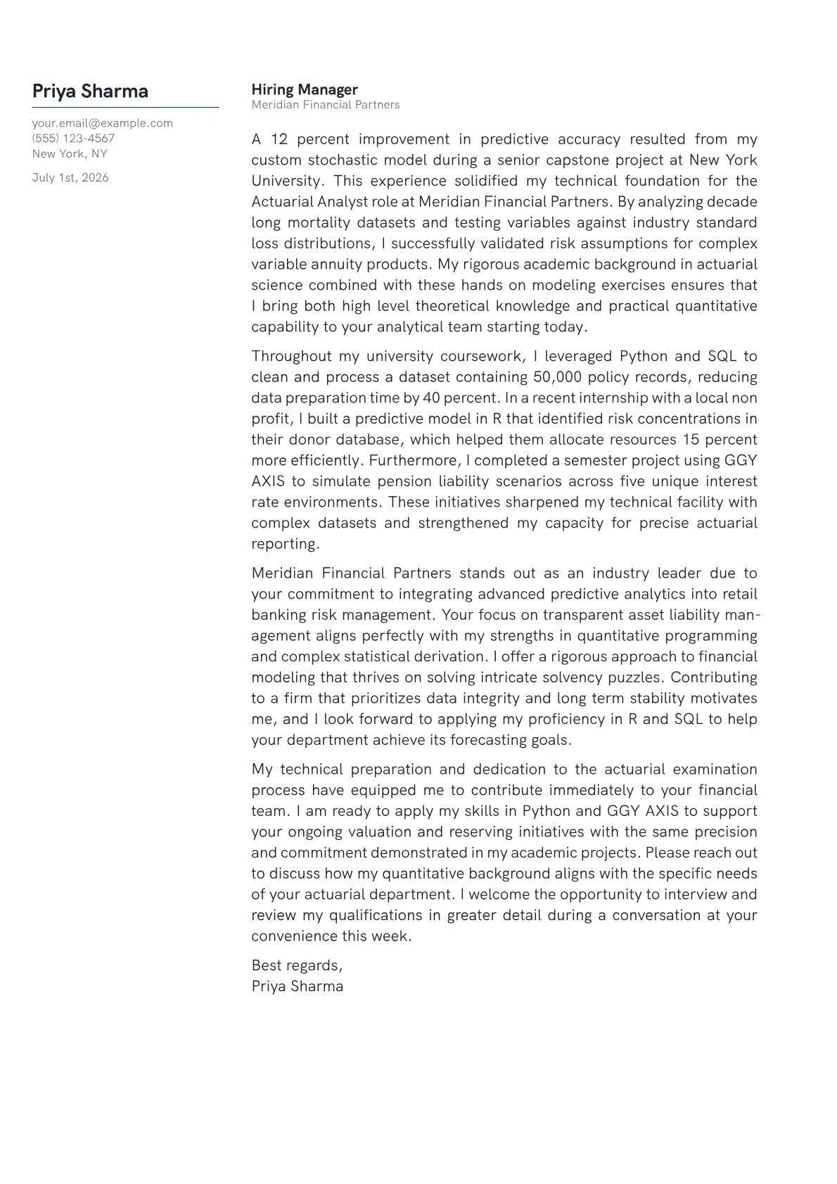 Actuarial Analyst cover letter in the Margin design