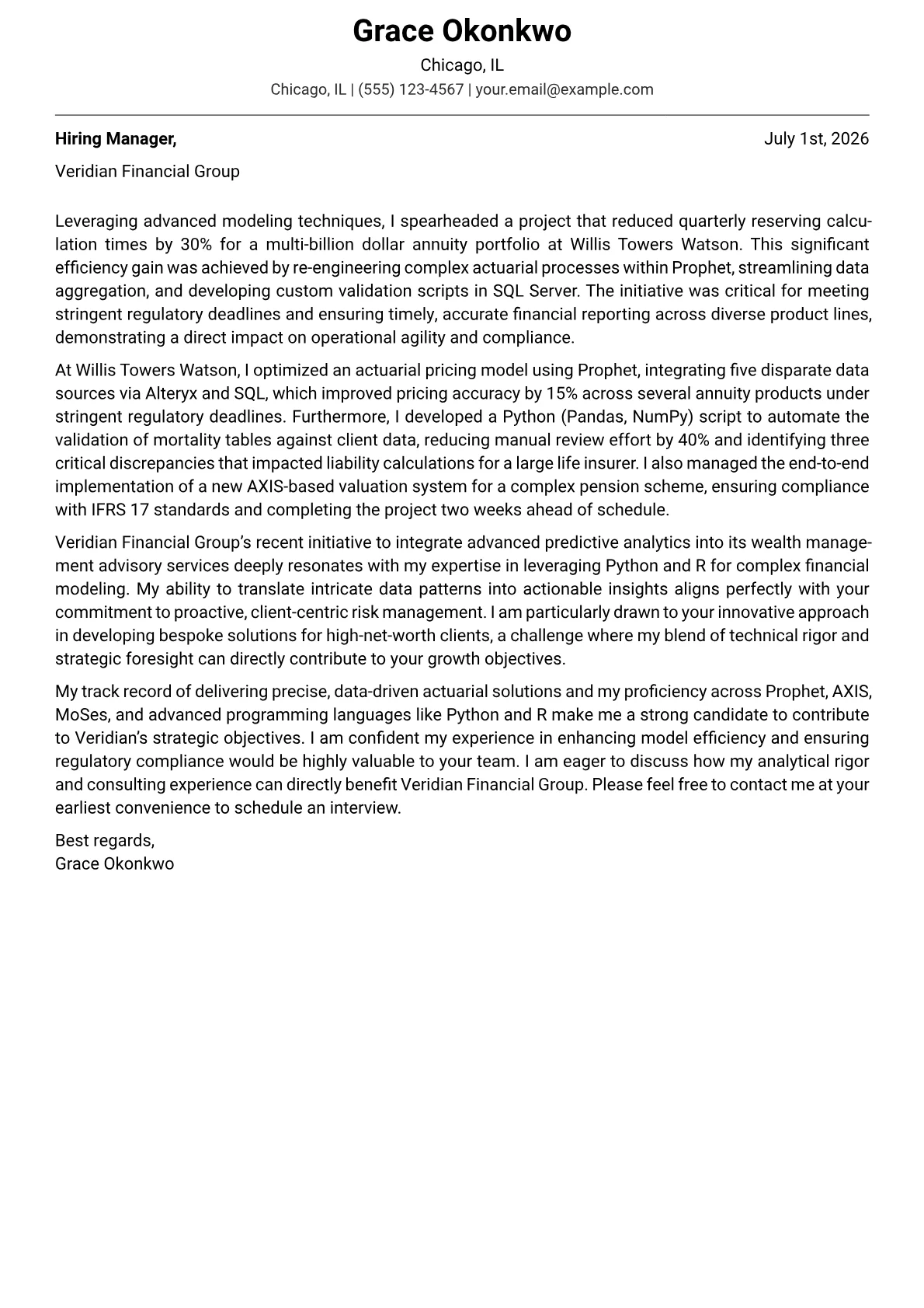 Actuary cover letter formatted with a JobSprout template