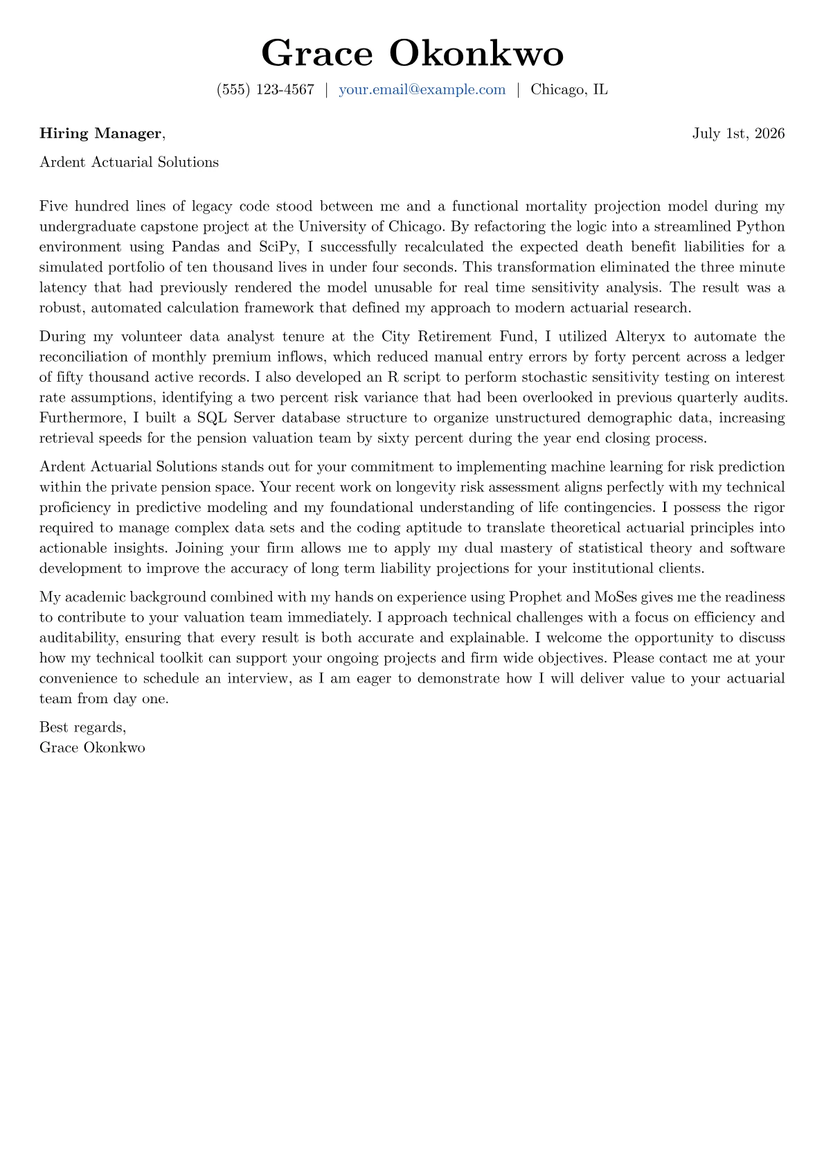 Actuary cover letter in the Basic design
