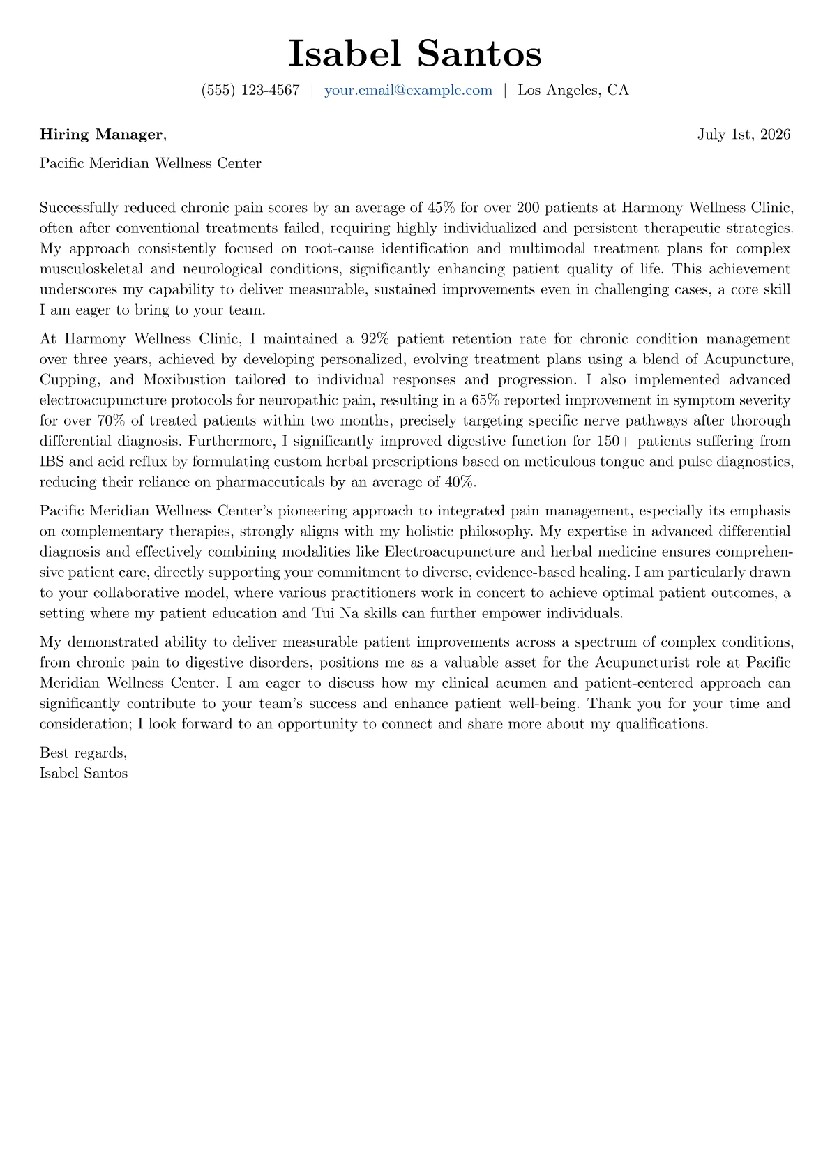 Acupuncturist cover letter formatted with a JobSprout template