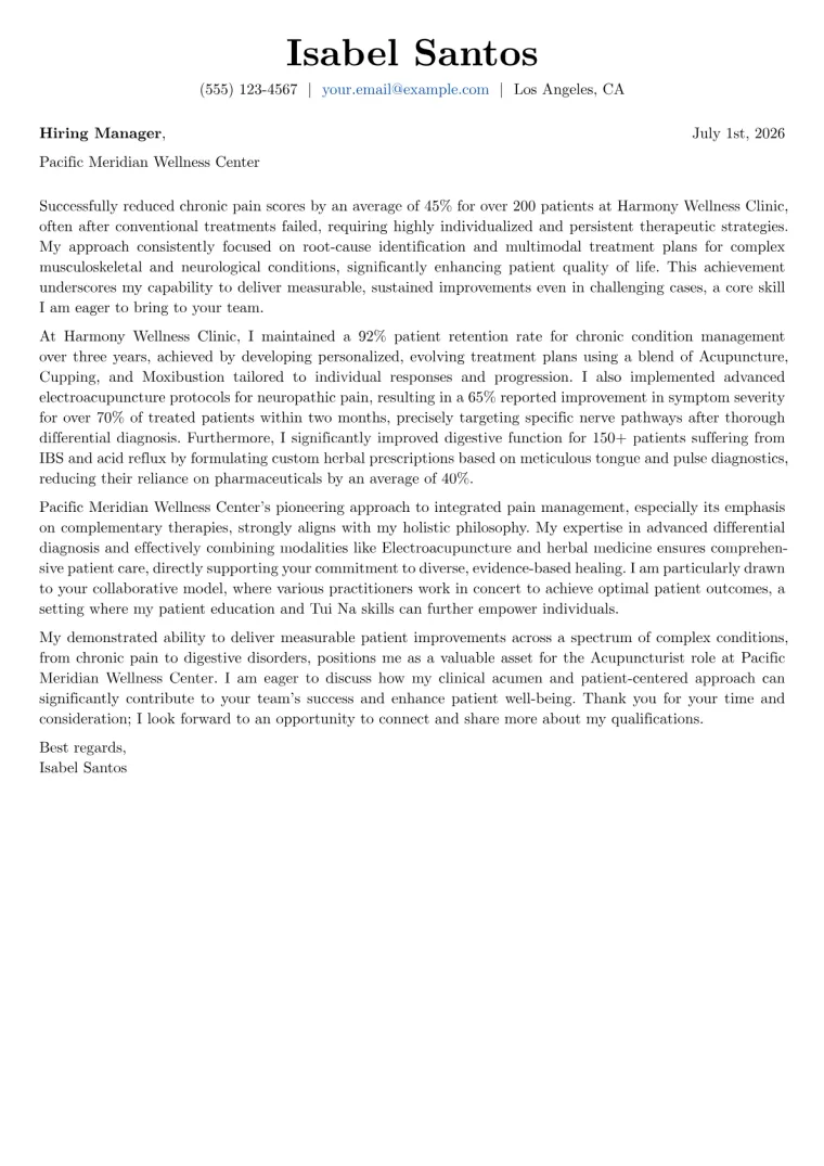Acupuncturist Cover Letter Example