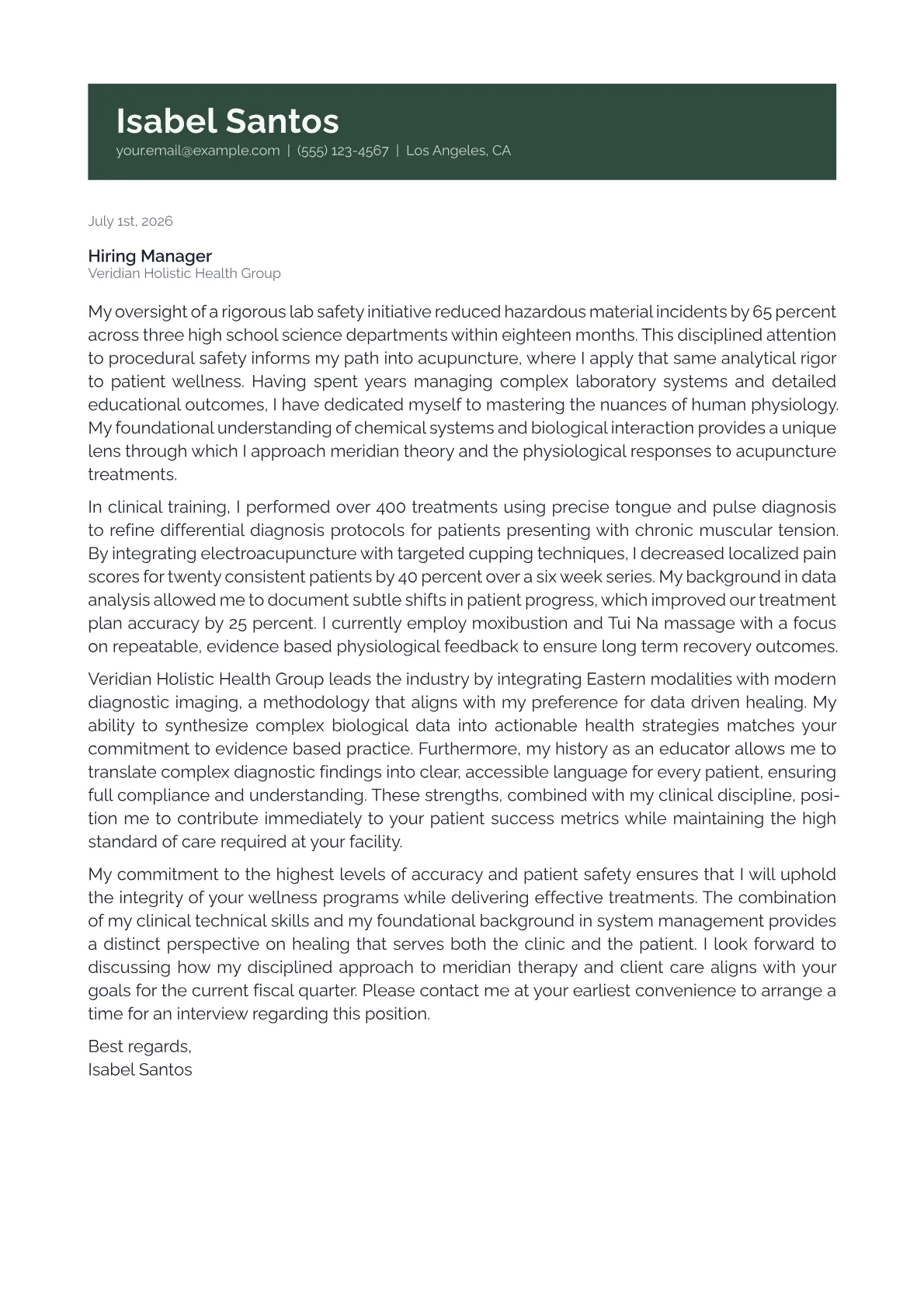 Acupuncturist cover letter formatted with a JobSprout template