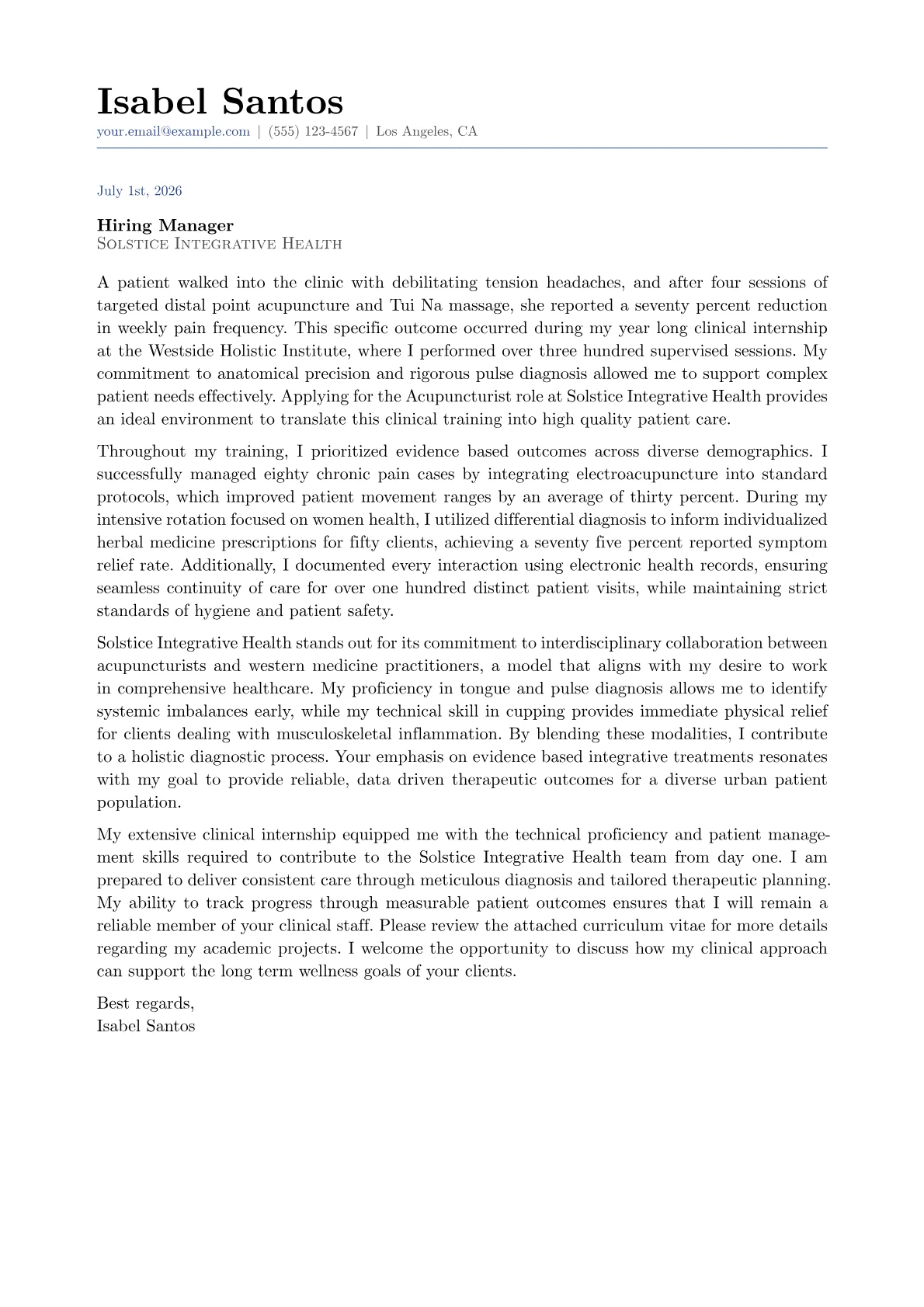 Acupuncturist cover letter formatted with a JobSprout template