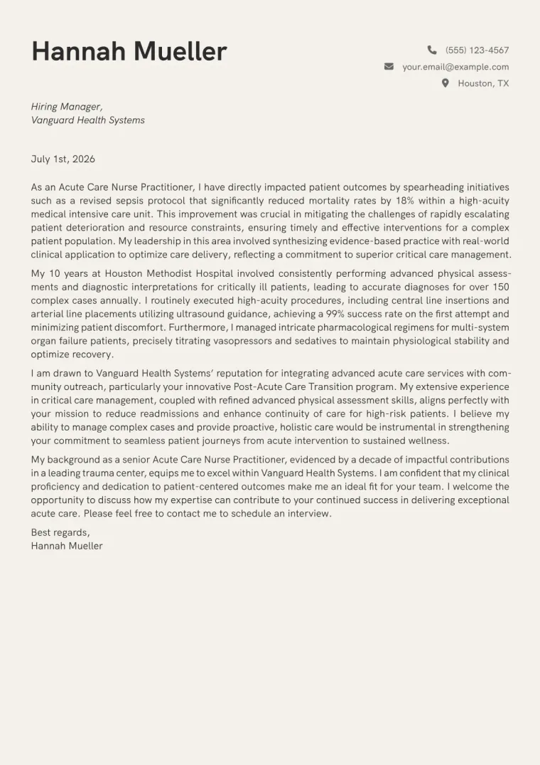 Acute Care Nurse Practitioner cover letter example preview
