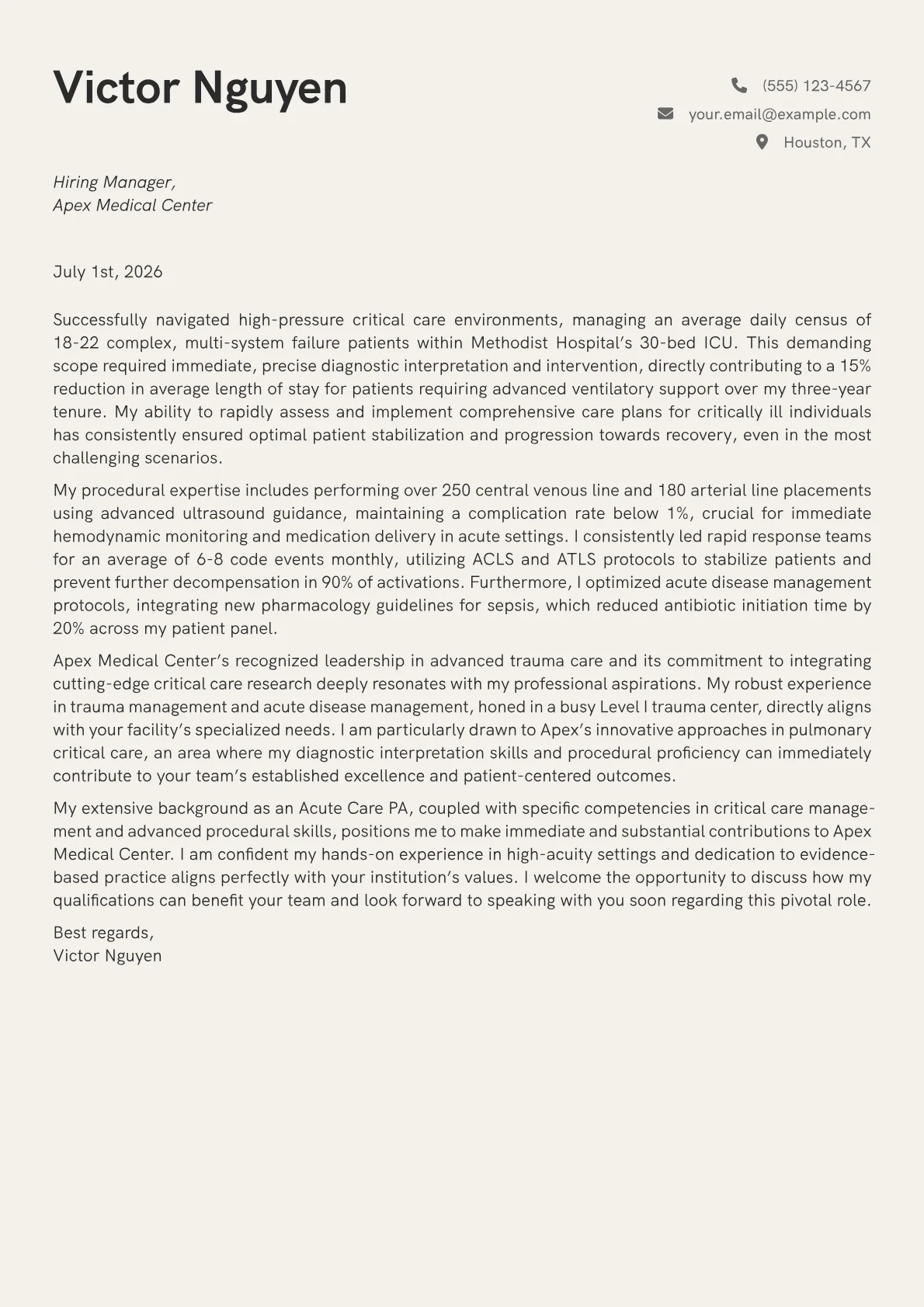 Acute Care PA cover letter formatted with a JobSprout template