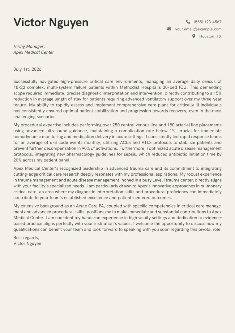 Acute Care PA cover letter example preview