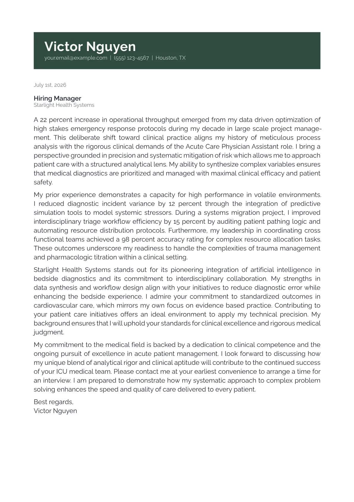 Acute Care PA cover letter in the Banner design