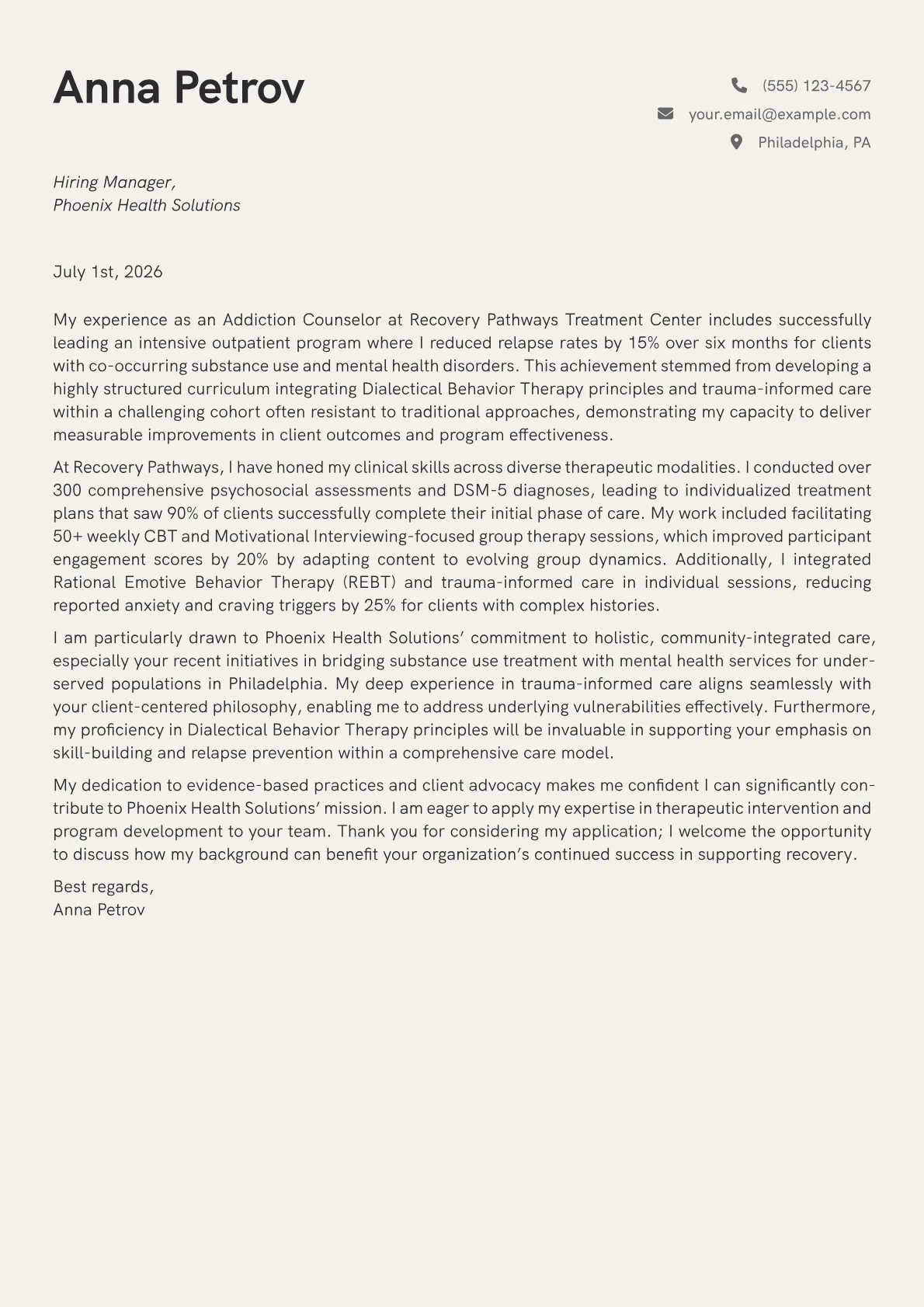Addiction Counselor cover letter formatted with a JobSprout template