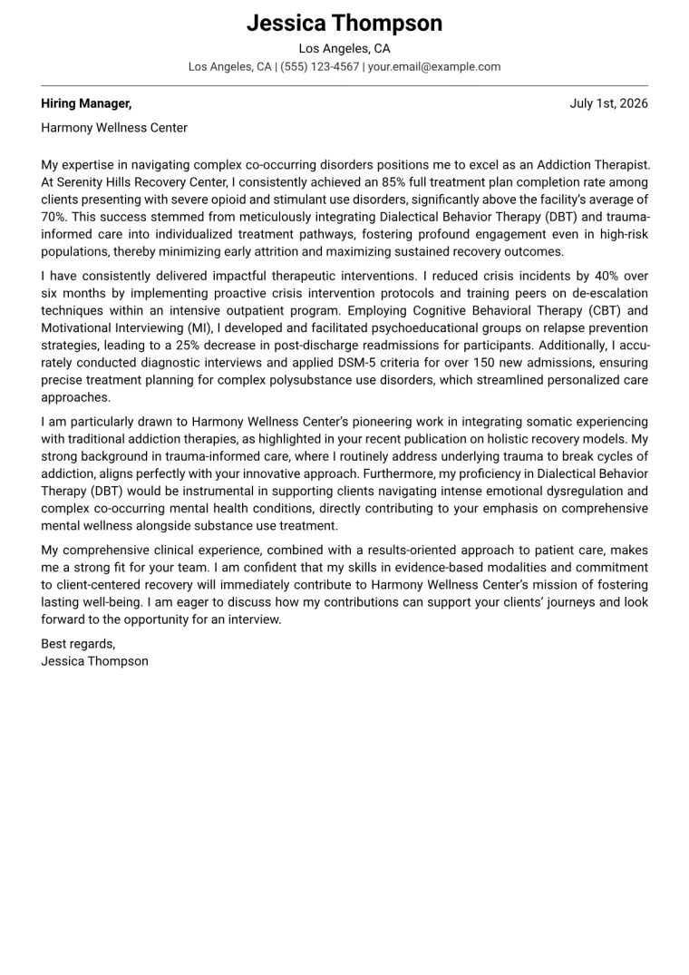 Addiction Therapist cover letter example preview