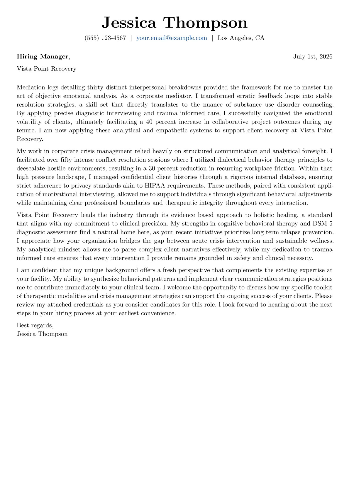 Addiction Therapist cover letter in the Basic design