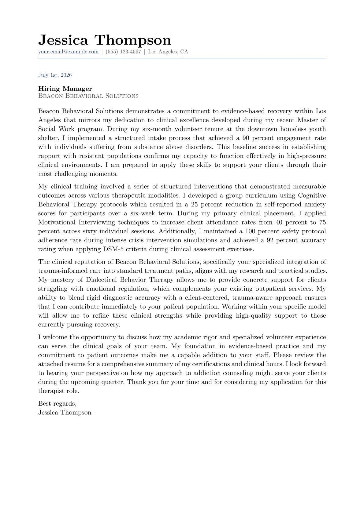 Addiction Therapist cover letter in the Classic design