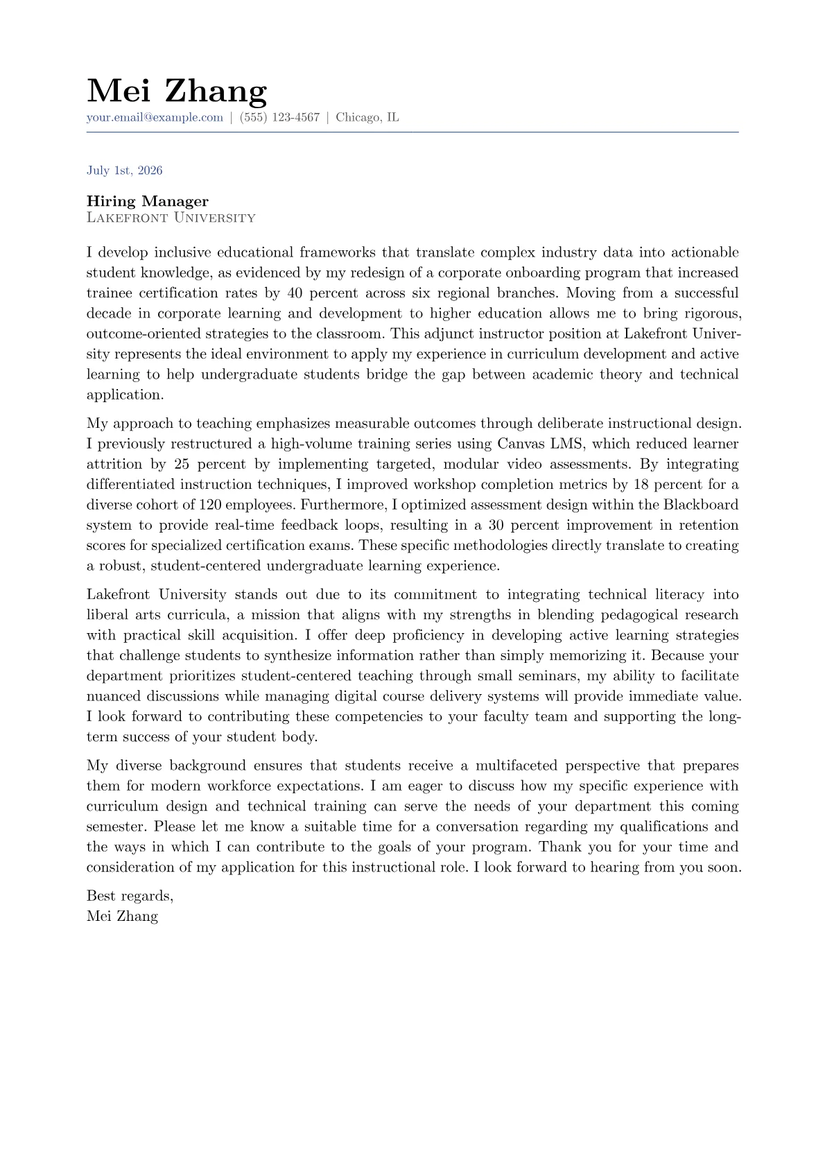 Adjunct Instructor cover letter in the Classic design