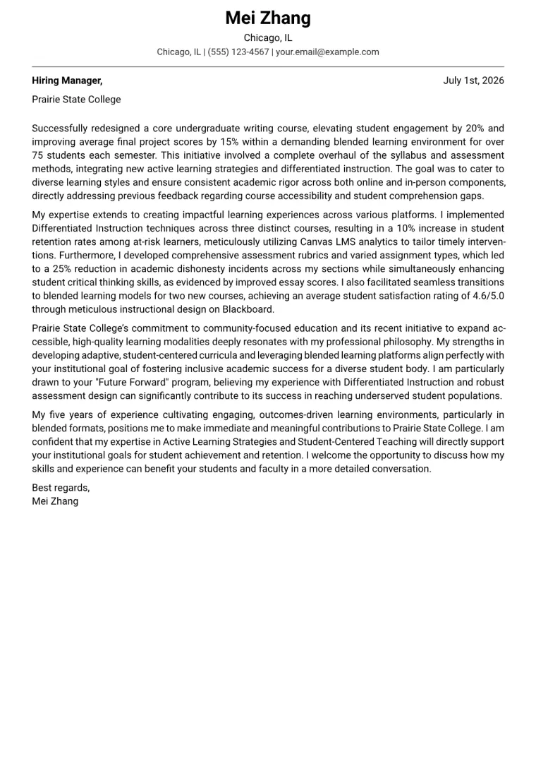 Adjunct Instructor cover letter example