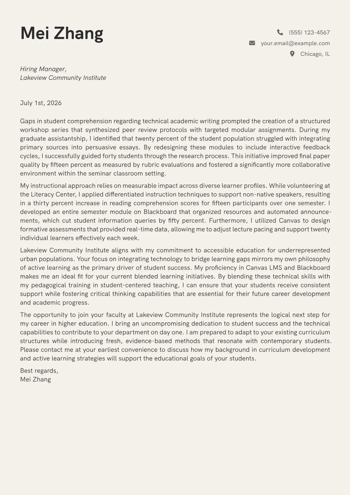 Adjunct Instructor cover letter in the Creative design