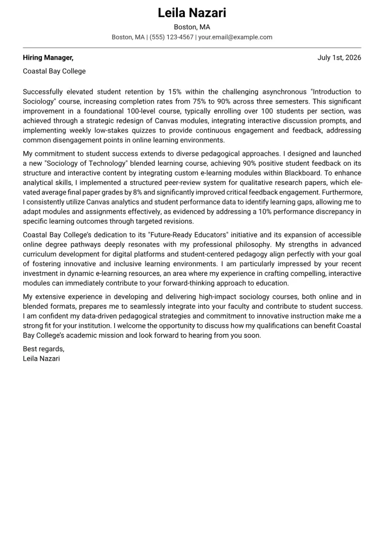 Adjunct Professor Cover Letter Example
