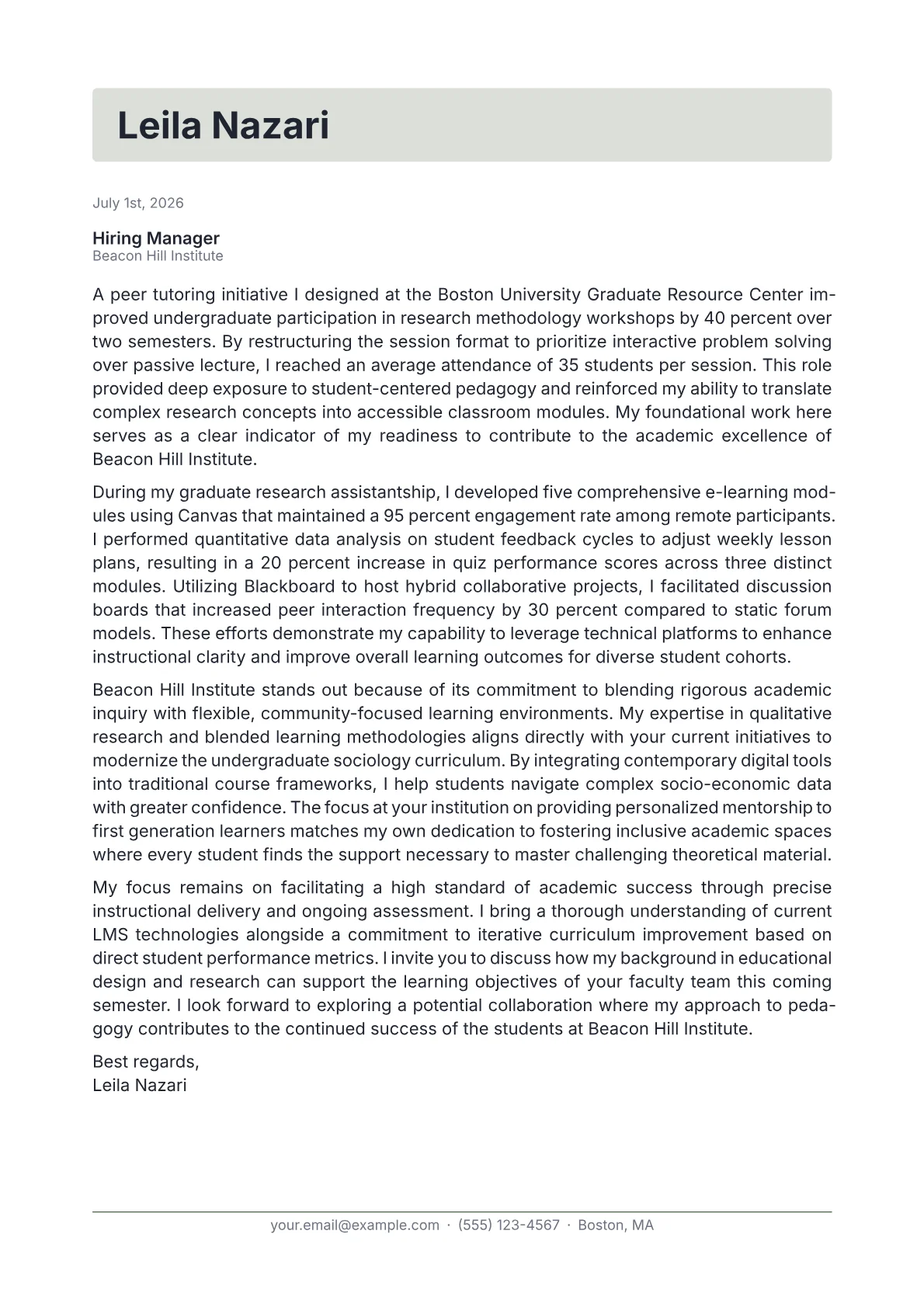 Adjunct Professor cover letter in the Letterhead design