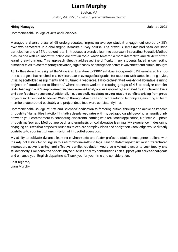 Adjunct Teacher Cover Letter Example