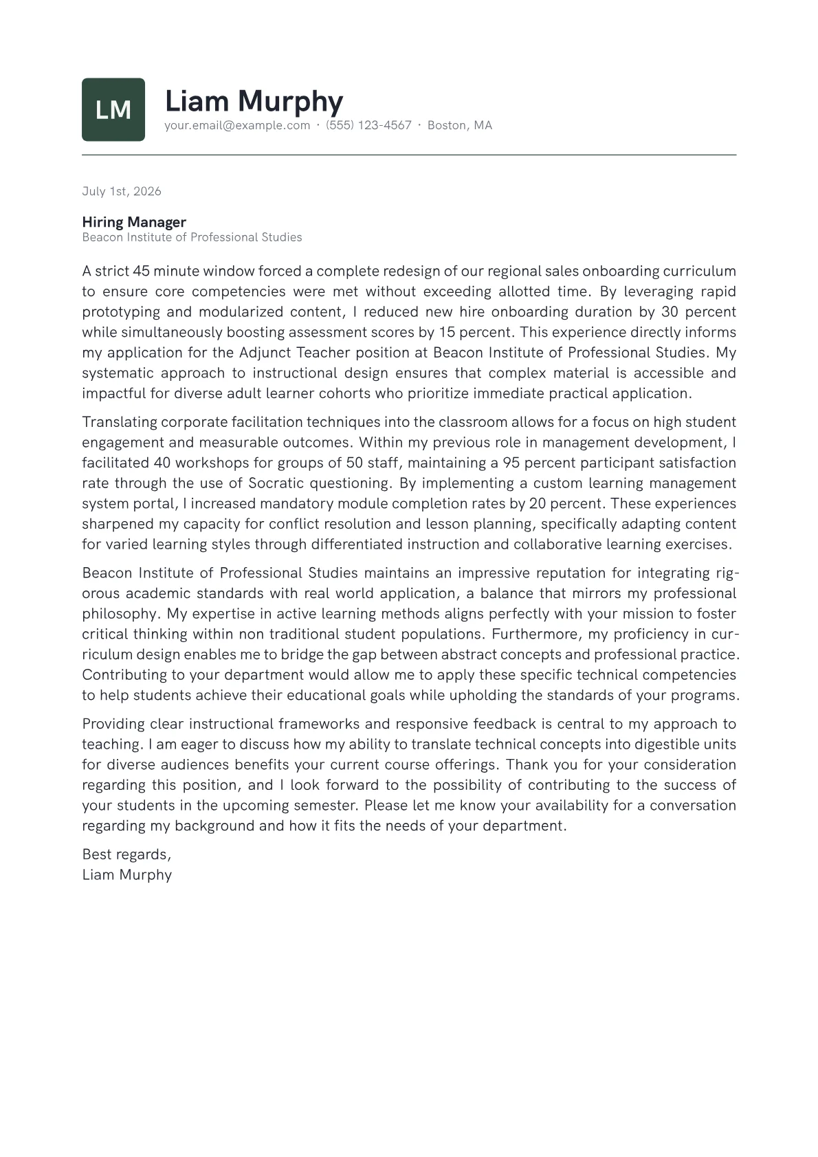 Adjunct Teacher cover letter in the Emblem design