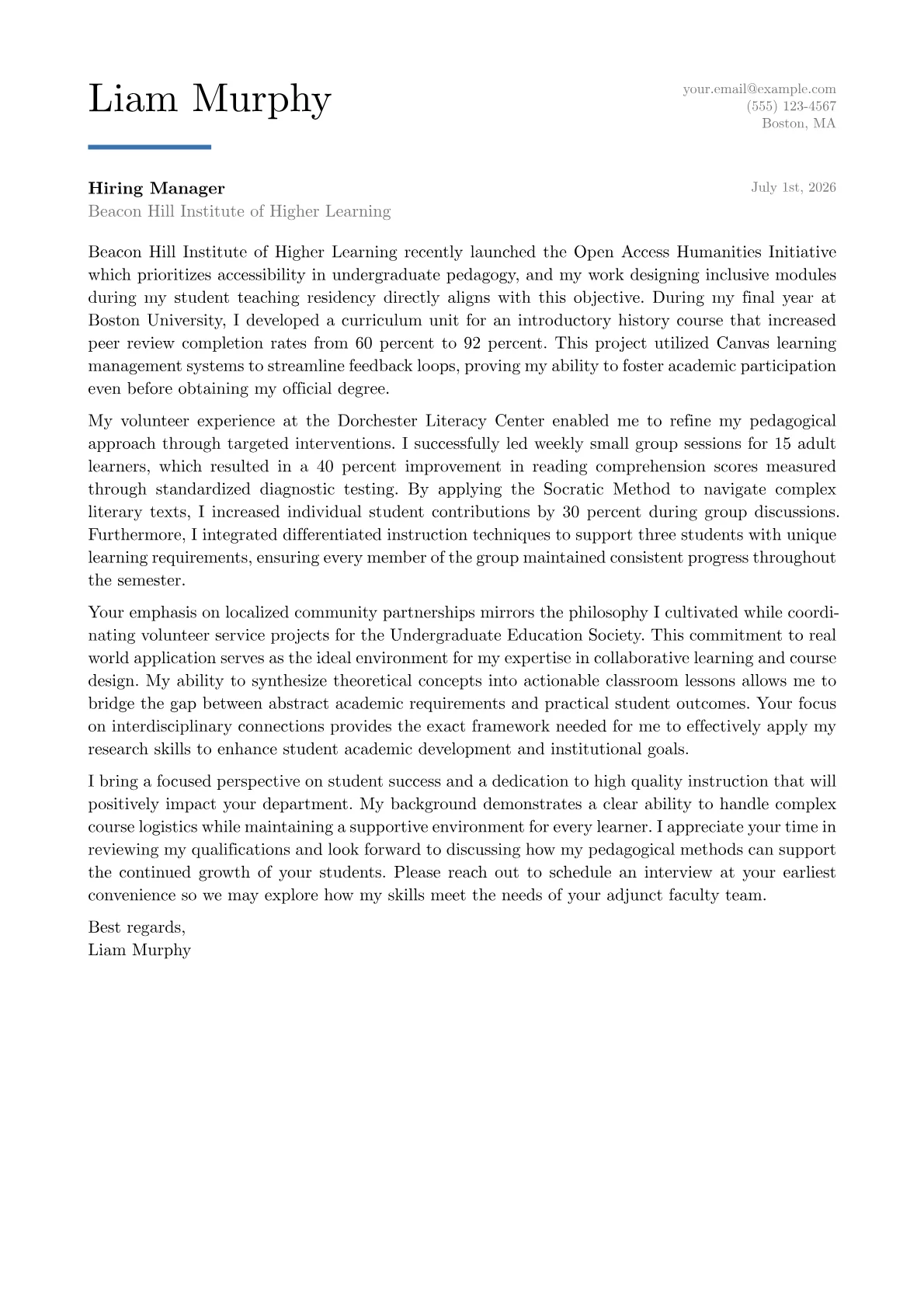 Adjunct Teacher cover letter in the Executive design