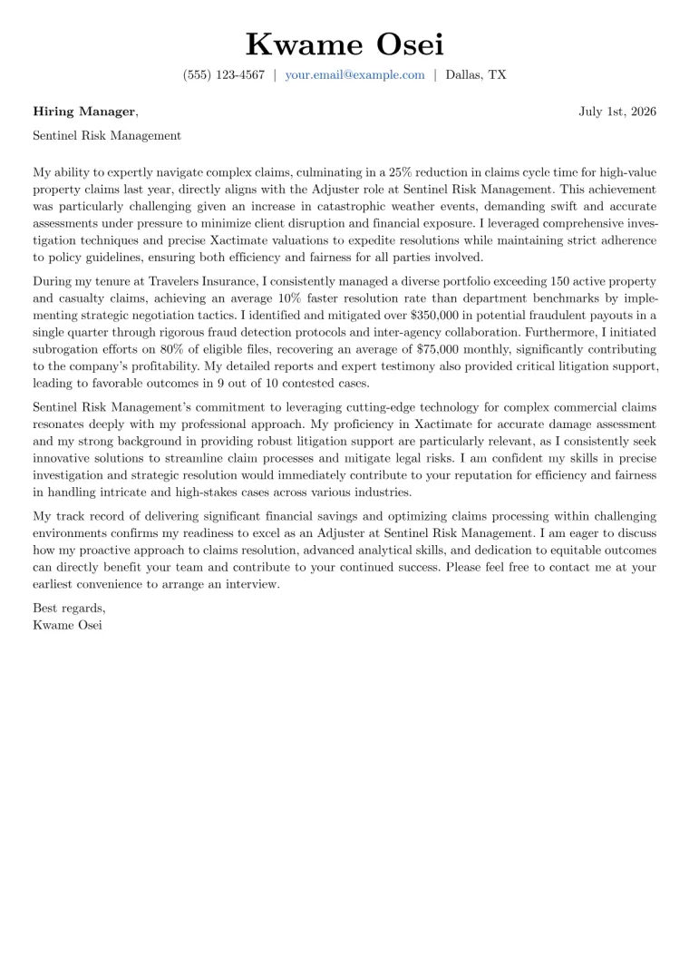 Adjuster Cover Letter Example